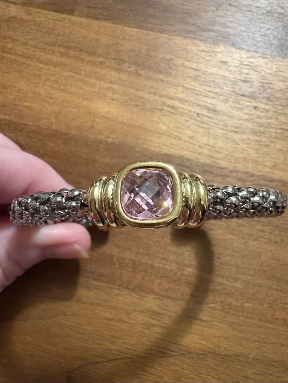 Gold-Tone Bracelet with Pink Cushion-Cut Stone